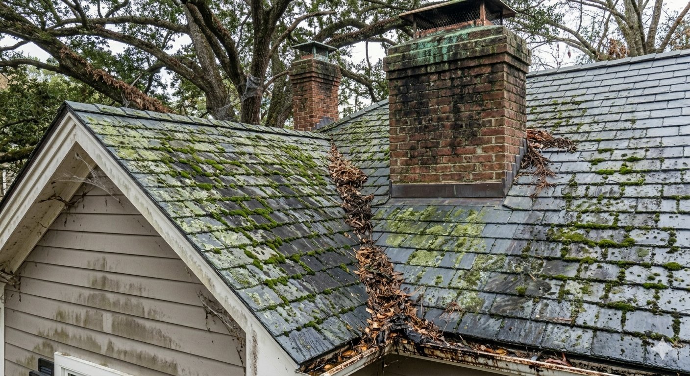 Before soft washing - slate roof