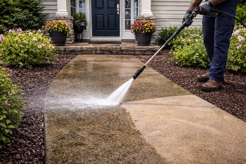 Before and after pressure washing concrete