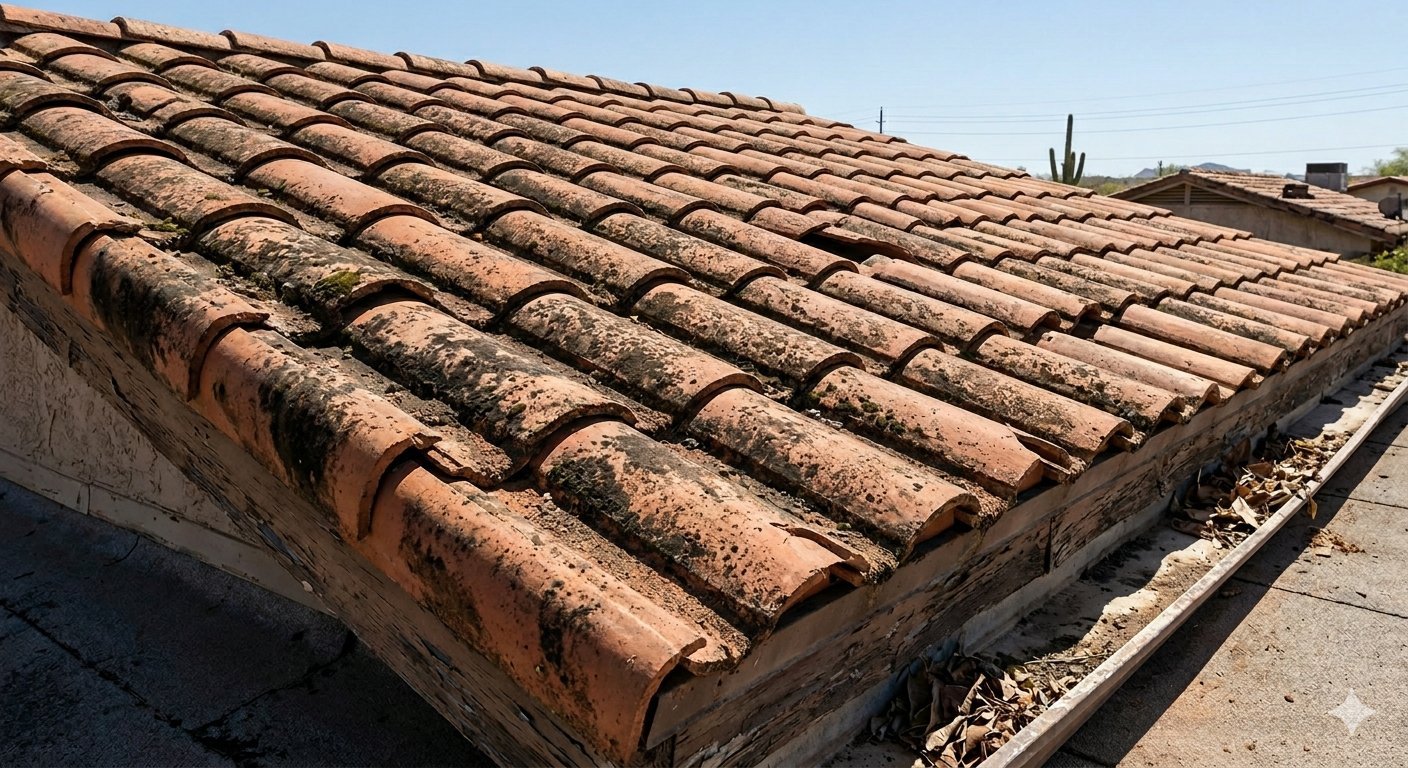 Before soft washing - clay tile roof